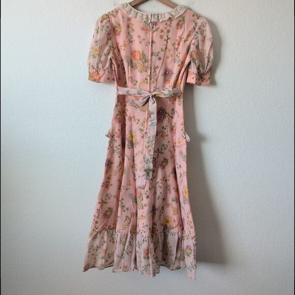 Vintage 50s-60s Empire Waist Dress Lace Pockets Floral Pink Hyper Feminine Girly - Picture 12 of 13
